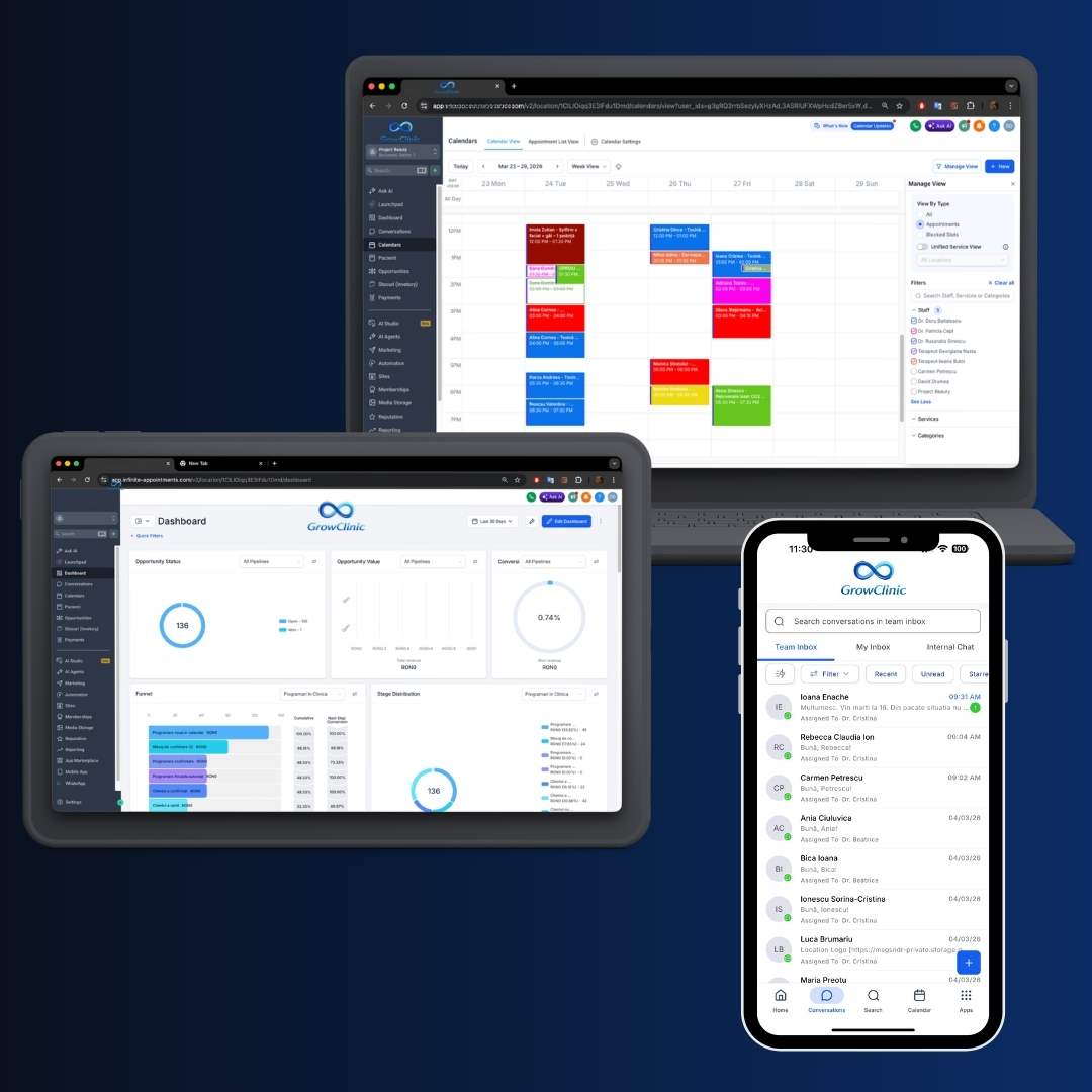 Aplicatie GrowClinic pe web, iPhone si Android — acces de pe orice dispozitiv